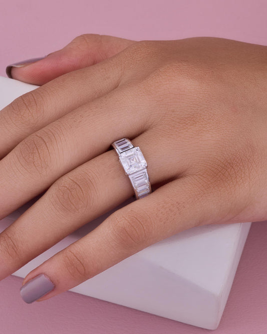 Sterling Silver Asscher Cut Moissanite Engagement Ring with Baguette Accents – Bridal Wedding Band