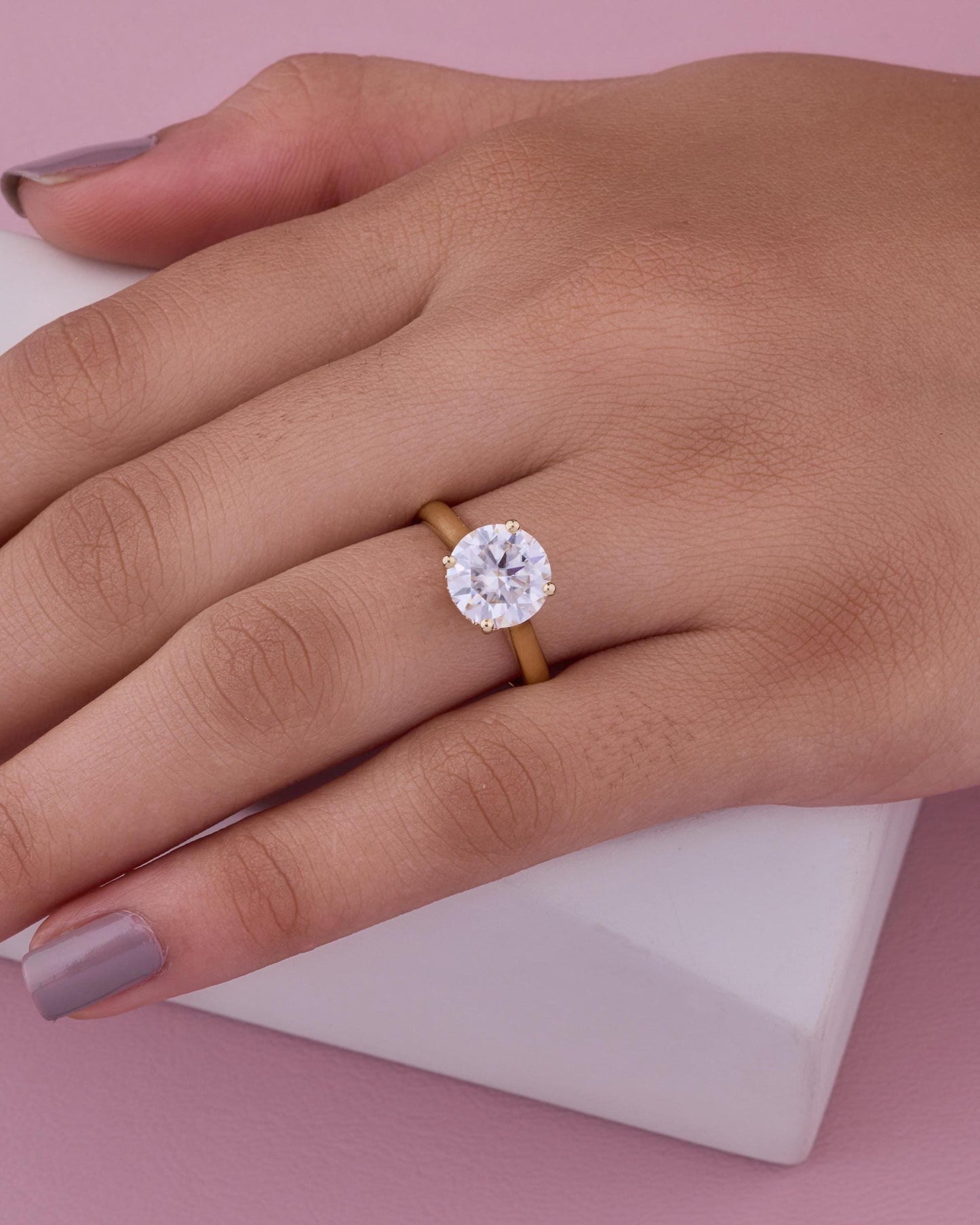 Round Moissanite Engagement Ring | 14K Yellow Gold Dainty Solitaire Bridal Ring