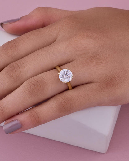 Round Moissanite Engagement Ring | 14K Yellow Gold Dainty Solitaire Bridal Ring