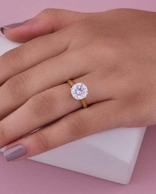 Round Moissanite Engagement Ring | 14K Yellow Gold Dainty Solitaire Bridal Ring
