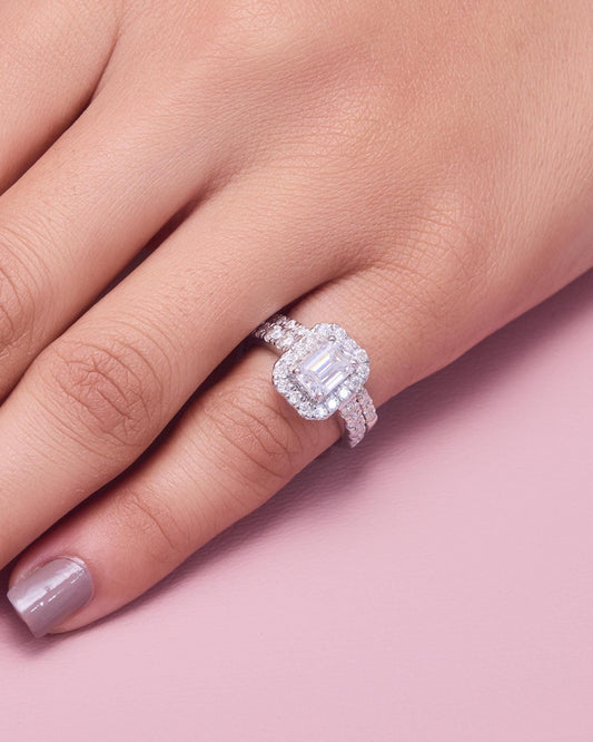 9*7 MM Emerald Cut Moissanite Halo Engagement Ring Set