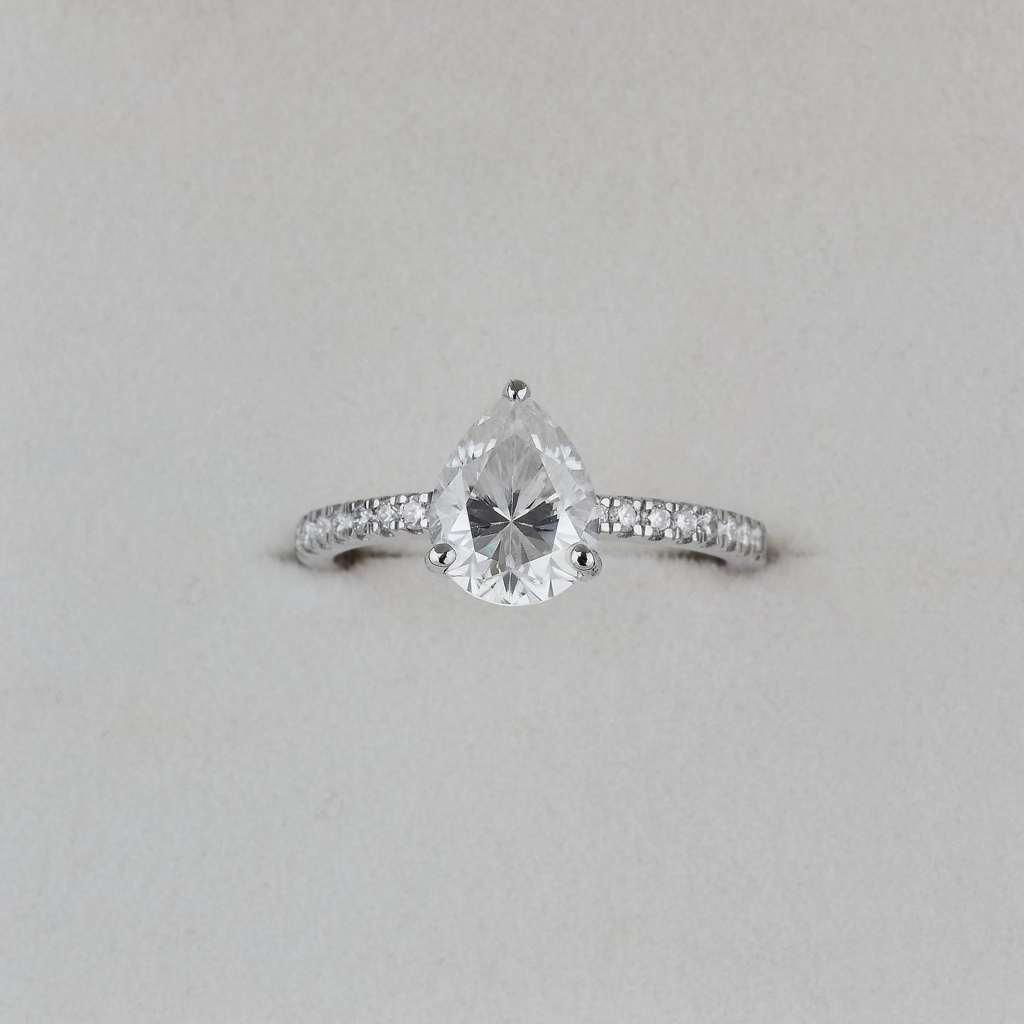 Pear Cut Engagement Ring, Moissanite Solitaire Ring, Pave Band Ring, Dainty Bridal Ring, Minimalist Promise Ring, Gift for Her