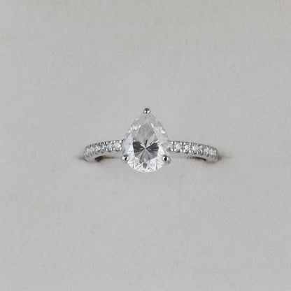 Pear Cut Engagement Ring, Moissanite Solitaire Ring, Pave Band Ring, Dainty Bridal Ring, Minimalist Promise Ring, Gift for Her