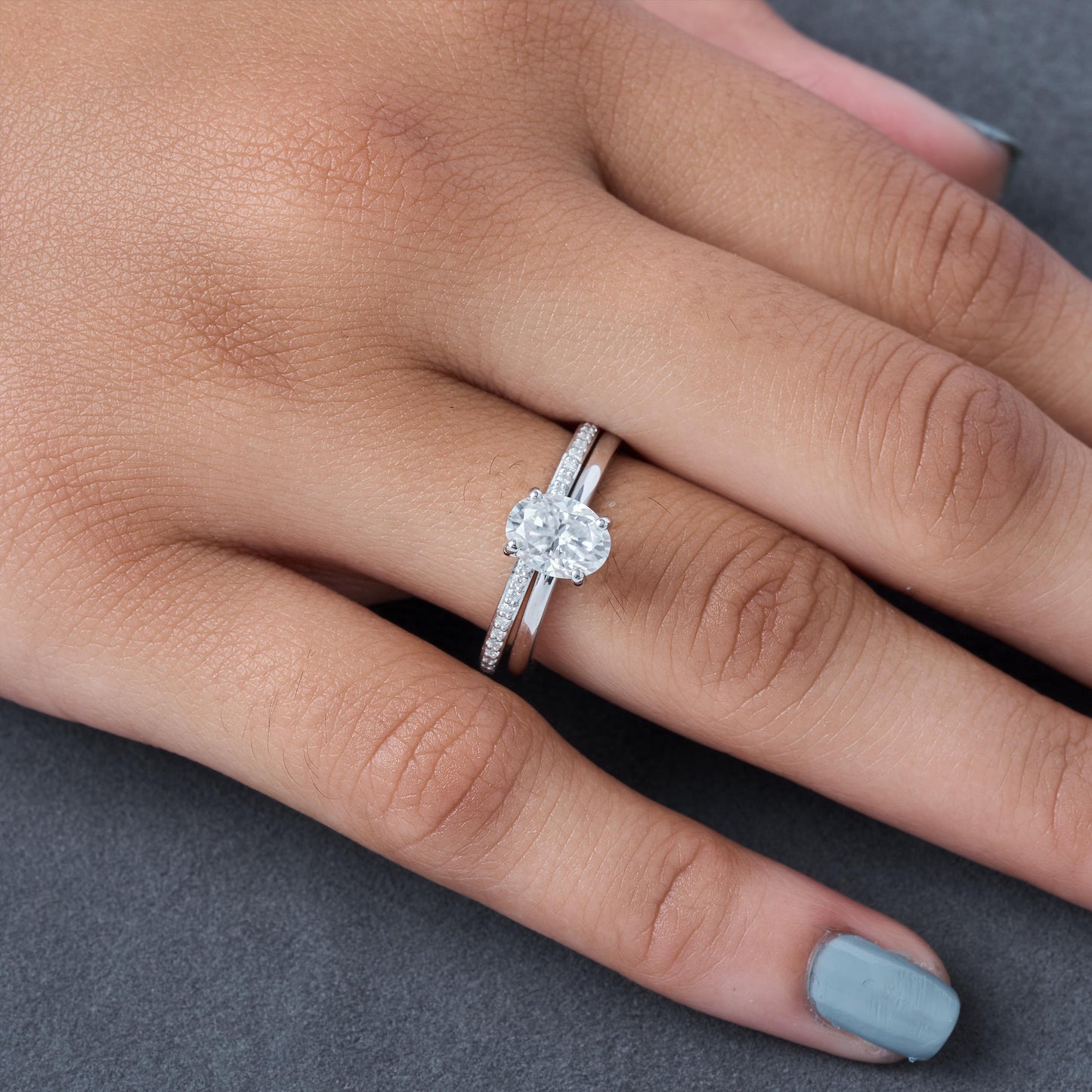 Oval Moissanite Engagement Ring Set, Dainty Pave Bridal Ring, Silver Wedding Band Set, Minimalist Promise Ring, Gift for Her