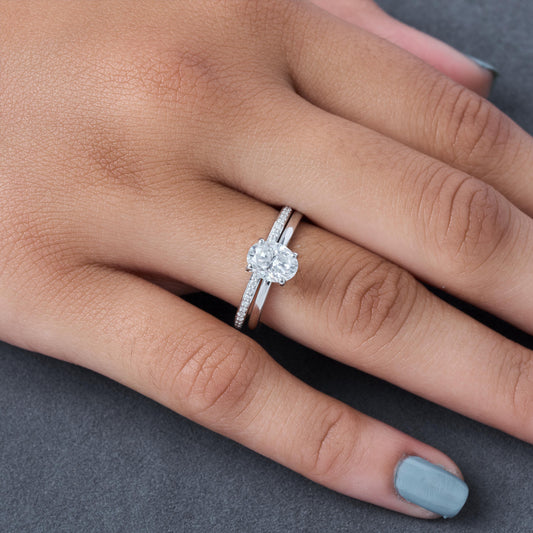 Oval Moissanite Engagement Ring Set, Dainty Pave Bridal Ring, Silver Wedding Band Set, Minimalist Promise Ring, Gift for Her