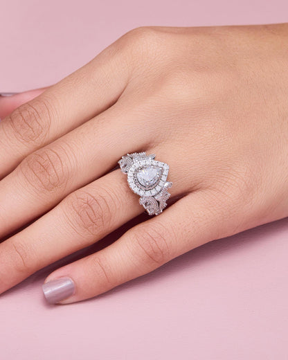 Pear Cut Moissanite Engagement Ring, Floral Diamond Halo, Sterling Silver Bridal Set