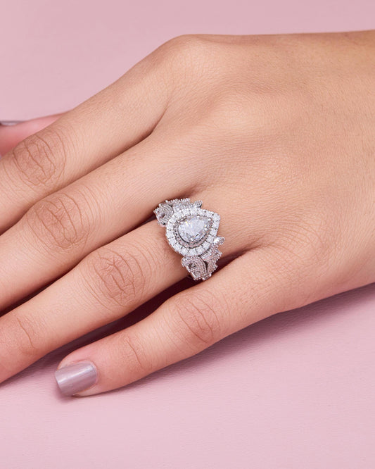 Pear Cut Moissanite Engagement Ring, Floral Diamond Halo, Sterling Silver Bridal Set