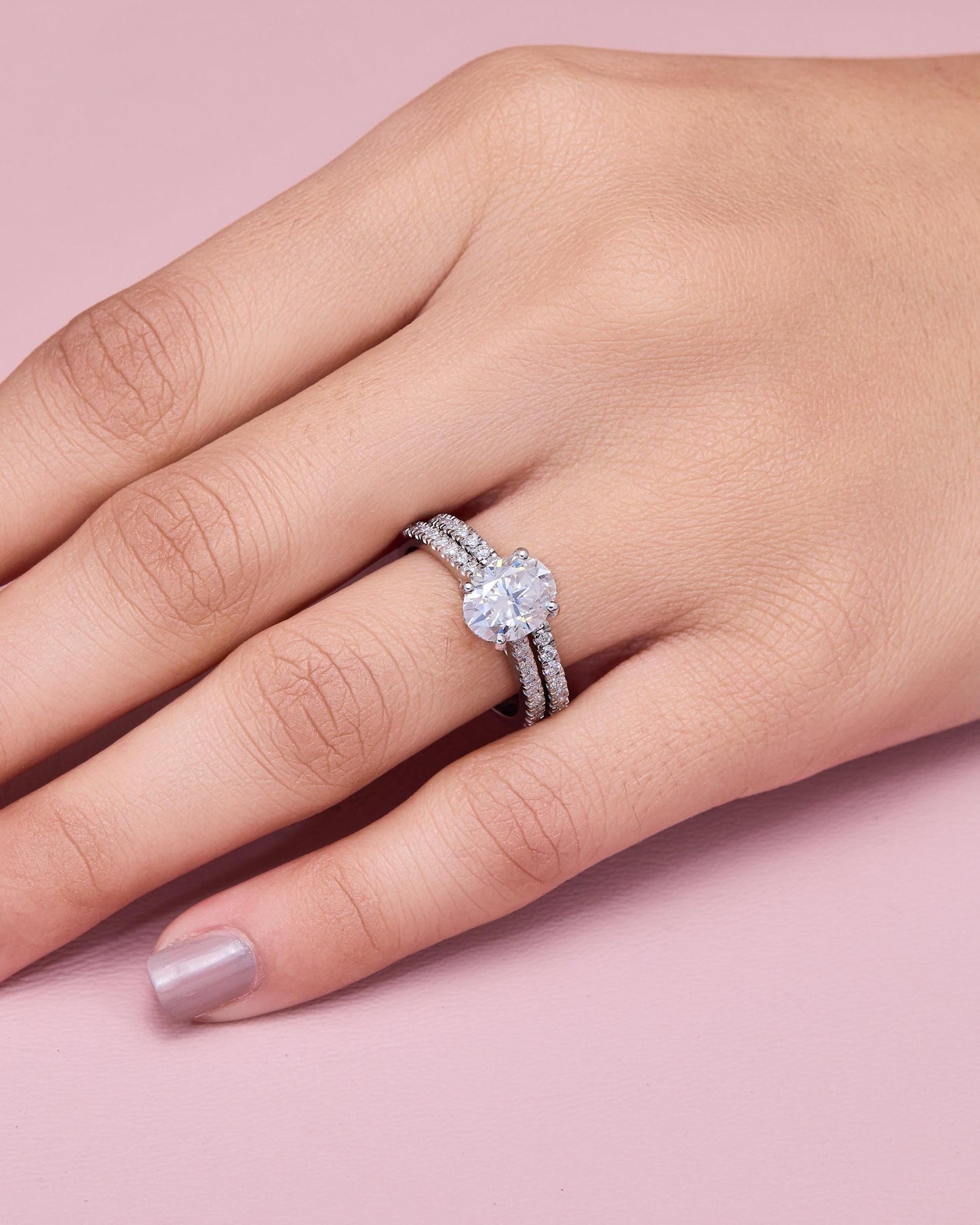 Sterling Silver Oval Cut Moissanite Engagement Ring: 2 Carat Center Stone, Pavé Band