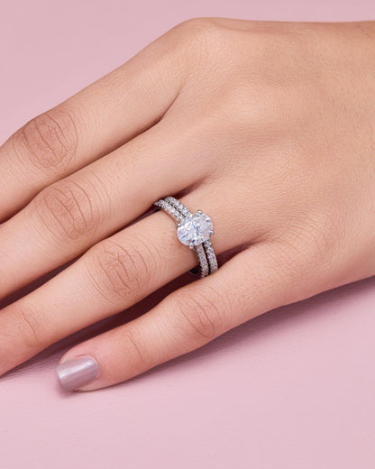 Sterling Silver Oval Cut Moissanite Engagement Ring: 2 Carat Center Stone, Pavé Band