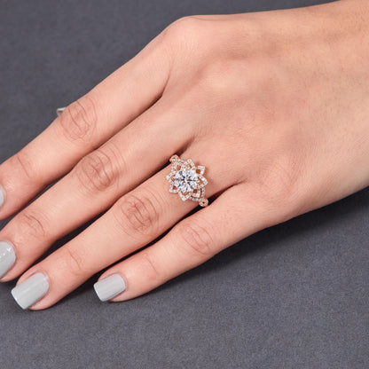 Moissanite Engagement Ring Rose Gold Halo Design Vintage Floral Band Jewelry Art Deco Bridal Set Round Stone Twisted Shank Petal Accent