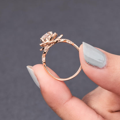 Moissanite Engagement Ring Rose Gold Halo Design Vintage Floral Band Jewelry Art Deco Bridal Set Round Stone Twisted Shank Petal Accent