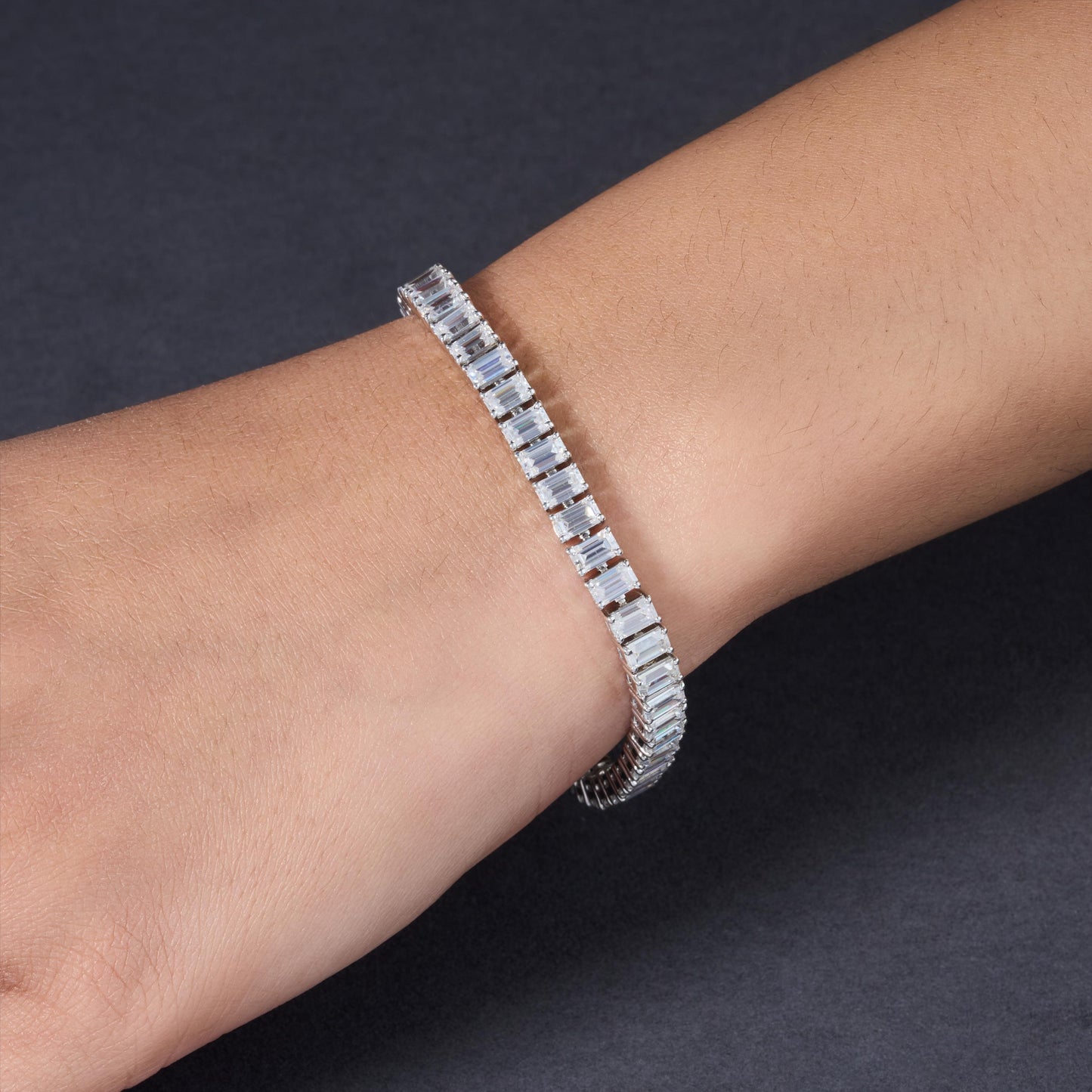 Emerald Cut Moissanite Tennis Bracelet | Sterling Silver Dainty Stacking Jewelry