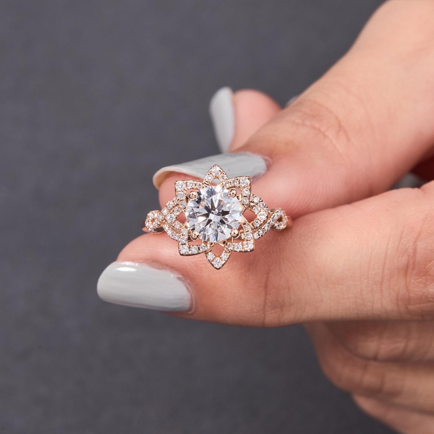 Moissanite Engagement Ring Rose Gold Halo Design Vintage Floral Band Jewelry Art Deco Bridal Set Round Stone Twisted Shank Petal Accent