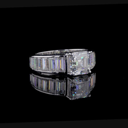 Moissanite Engagement Ring Sterling Silver Asscher Cut Stone Baguette Accent Band