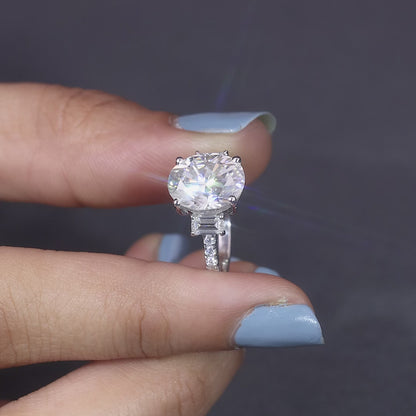Oval Cut Moissanite Engagement Ring, Three Stone Tapered Baguette, Sterling Silver Bridal Ring